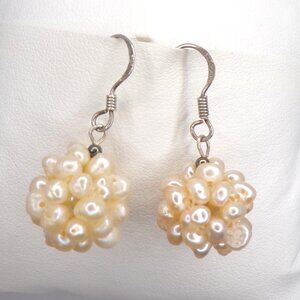 925 Sterling Silver Tiny Pearl Cluster Ball Dangling Earrings